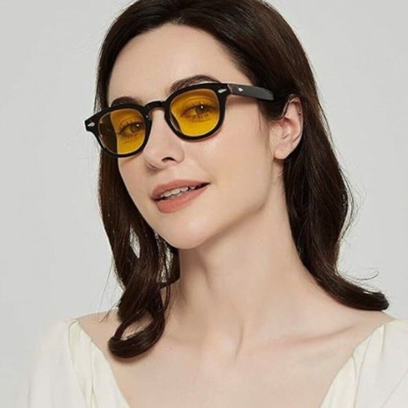 Men Women Trendy Orange Lens Black Frame Circle Beach Shades Round Sunglasses - Picture 7 of 8